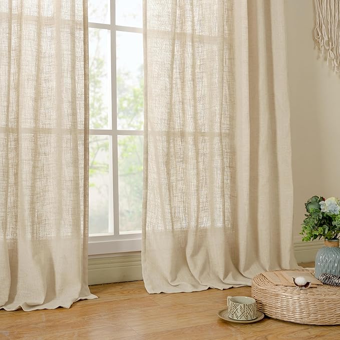 LAMIT Semi Sheer Linen Curtains 54 Inch Length 2 Panels, Light Filtering Panels Back Tab and Rod Pocket Neutral Drapes for Small Window/Bedroom, 52 x 54 Inch