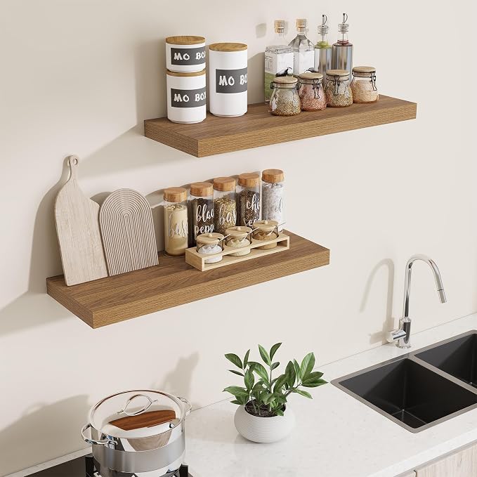 Dreamland 30Inch Walnut Floating Shelves 8" Deep Wall Mounted Set of 2 | Wall shelves for bathroom, bedroom, Living Room, kitchen, deep wall mount wood storage display for home decor 30" x 8"