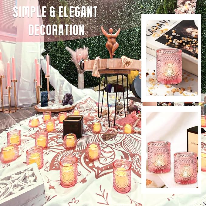 48 Pcs Pink Glass Votive Candle Holders, Tealight Candle Holders for Table Centerpieces, Vintage Candle Holder Bulk, Boho Wedding, Valentine's Day Table Decor (Pink)