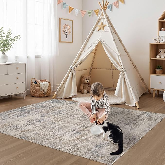 UERMEI 4x6 Washable Area Rug for Living Room: Modern Neutral Abstract Soft Low Pile Carpet Non-Slip Pet Kids Friendly Indoor Decor for Bedroom Dining Room Home Office Nursery Brown