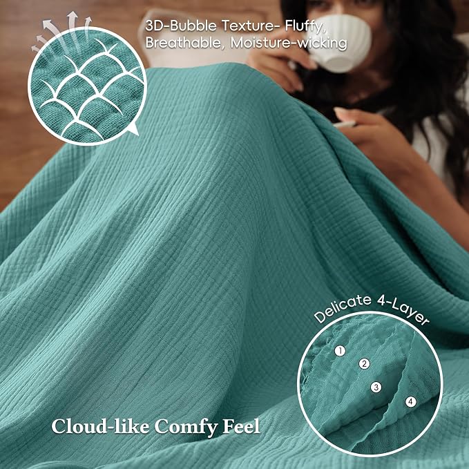 David's Home 100% Natural Cotton Muslin Blanket Queen Size, 4-Layer Soft Breathable Lightweight Comfy Cozy Throw Guaze for Hot Sleepers, 3D Bubble Room Decor for Bed Couch, Giftable, Teal, 90"x90"