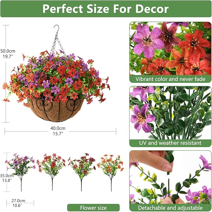 Artificial Flowers Fake Hanging Basket for Outdoor Spring Summer Decoration, 12 Bundles Faux Hanging Plants UV Resistant, Realistic Silk Flower for Outside Planters Porch Patio Balcony Yard Garden