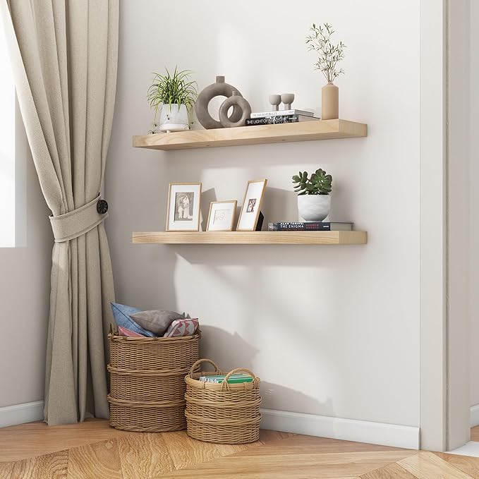 Fuqing Natural Floating Shelves, 36 Inch Set of 2, Raw Wood for Living Room & Home Office