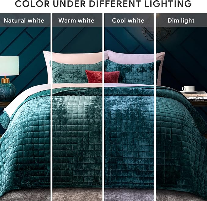 RECYCO Luxury Velvet Quilt Set Full Queen Size, Lightweight Velvet Comforter Set, Oversized Bedspread Coverlet Quilted Bedding Set, with 2 Matching Pillow Shams, for All Season, Teal