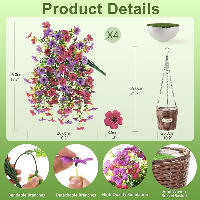 Artificial Flowers Hanging Baskets, 4 Bundles Outdoor Hanging Basket Spring Summer Decoration, No Fade Realistic Fake Flowers Plants for Porch Patio Balcony Home Yard Decor(Light Purple Red)
