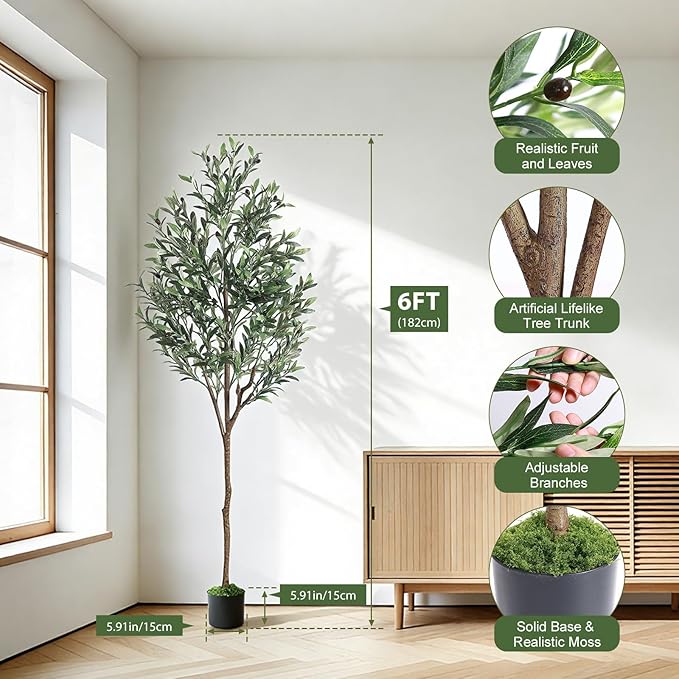 Alupssuc Olive Trees Artificial Indoor, 6FT Tall Faux Olive Tree with White Planter, Artificial Plants with Lifelike Fruits and Realistic Leaves for Modern Home Office Living Room Decor