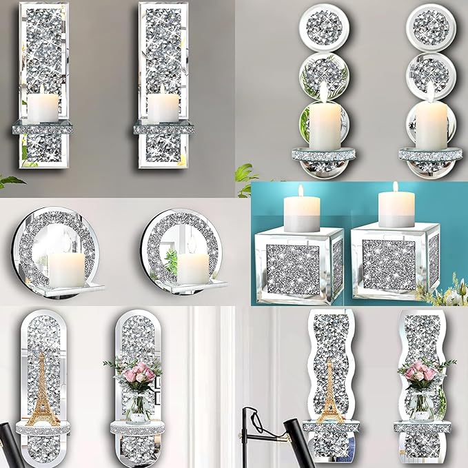 ZOLAPI Set of 2 Crystal Crush Diamond Candle Sconces, Gorgeous Silver Mirrored Wall Sconce, Candle Holder Glass Wall Decorations for Home Décor, Living Room, Dining Room.Round