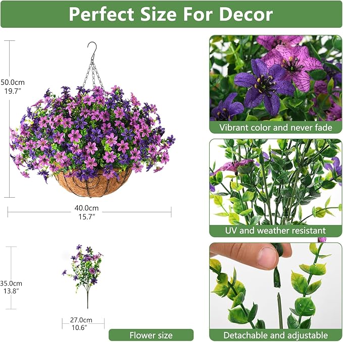 Artificial Flowers Fake Hanging Baskets for Outdoor Spring Summer Decoration, 12 Bundles Faux Hanging Plants UV Resistant, Realistic Silk Flowers for Outside Planters Porch Patio Balcony Yard Garden