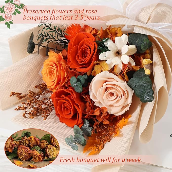 Flowers for Delivery Prime Preserved Flower Bouquet That Last 3-5 Years Real Forever Rose Bouquet for Her Women Wife Grandma Girlfriend Anniversary Birthday Mothers Day Gifts for Mom,Orange