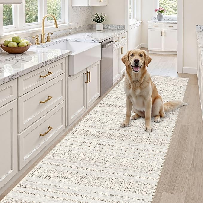 cotiled Hallway 2.6x8 Runner Rugs: Washable Boho Rugs with Non Slip Backing Large Soft Indoor Low Pile Carpet for Living Room Bedroom Farmhouse Dining Room Lightweight Home Decor Brown/Cream