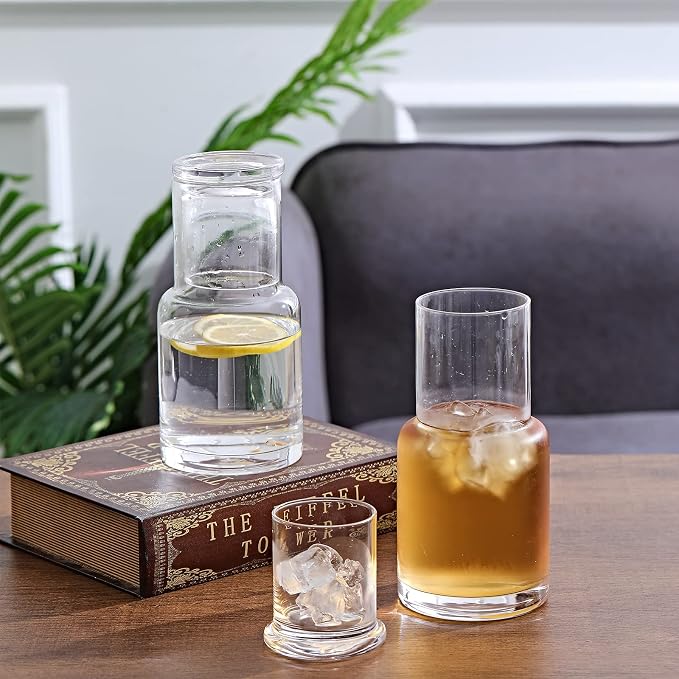Bedside Carafe and Glass Set, Use Tumbler as Lid Night Water Carafe for Nightstand, Mouthwash Dispenser Pitcher with Glass Cup for Keeps Water Clean in Bedroom, Bathroom, or Kitchen