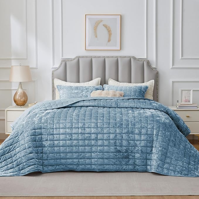 BEDELITE Velvet Quilt Set King Size - Luxury Soft Velvet Comforter Bedding Set for All Season, Lightweight Quilted Box Stitch Oversized Bedspread Coverlet with 2 Matching Shams, Shiny Dusty Blue