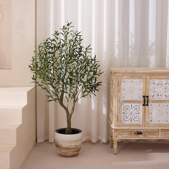 Artificial Olive Tree 5FT Fake Plants Indoor - UV Resistant Faux Olive Tree in Black Pot, Outdoor Tall Faux Silk Tree - Fake Trees for Modern Home Decor,Living Room, Office, Patio, Balcony, VN154
