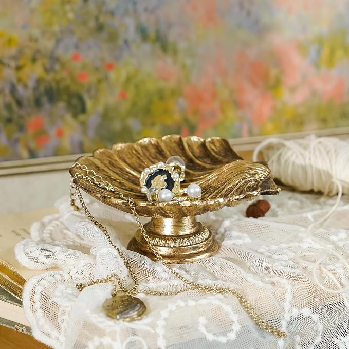 NIKKY HOME Seashell Ring Holder Jewelry Tray, Small Gold Trinket Dish | Coastal Small Metal Decorative Tray for Women, Vintage Storage Organizer for Vanity & Bathroom, Wedding & Engagement Gift