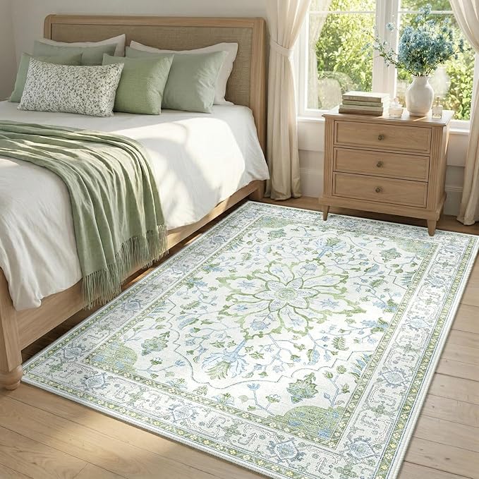 RELEANY Area Rugs 4'x6' Washable Non-Slip, Floral Vintage Distress Print Pattern Medallion Carpet for Living Room Bedroom Dining Room, Green White Blue