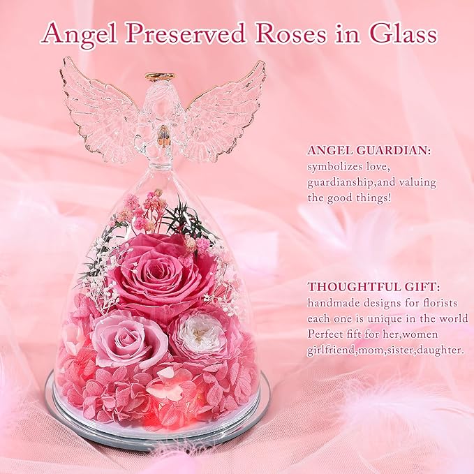 FIACO Gifts for Mom Women Birthday Preserved Rose in Glass Angel Figurine Forever Fresh Flower for Delivery, Mothers Day Flowers Gifts for Grandma Wife Daughter Pink