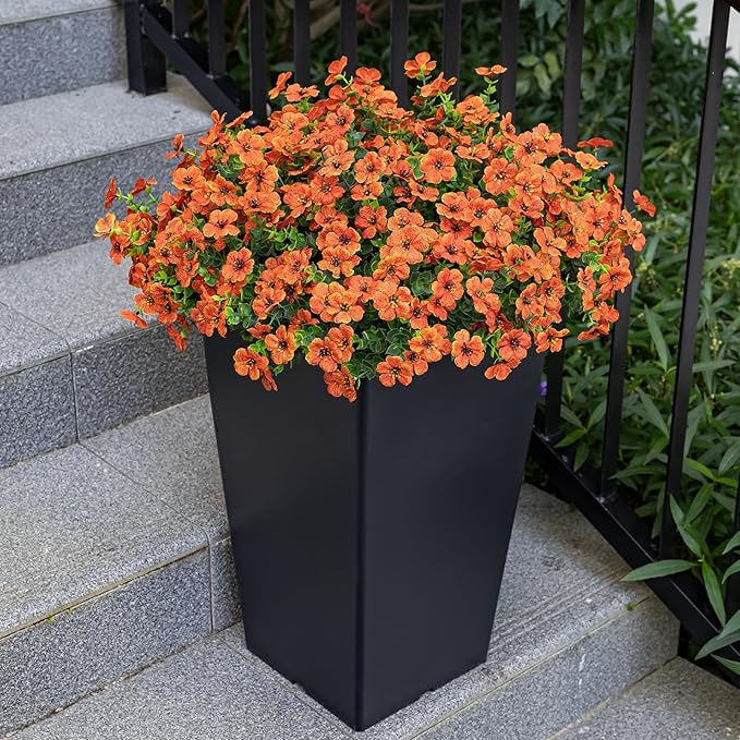 Lnoicy 20 Bundles Artificial Flowers for Outdoor Fake Plants for Spring Decoration,Faux Eucalyptus Flowers for Planter UV Resistant Lifelike for Home Porch Garden（Orange）