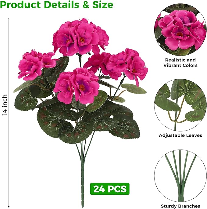 Ouddy Decor Artificial Geranium Flowers for Outdoors, Fake Silk Flowers UV Resistant Faux Geraniums for Vase Planter Garden Patio Balcony Porch Indoor Outdoor Spring Summer Home Decor, 24 Pcs Rose Red