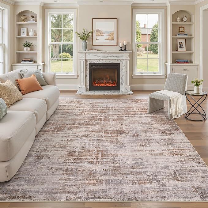 UERMEI 8x10 Washable Area Rug for Living Room: Modern Neutral Abstract Large Soft Low Pile Carpet Non-Slip Pet Kids Friendly Indoor Decor for Bedroom Dining Room Home Office Nursery Blue Brown