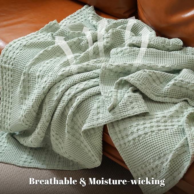 PHF 100% Cotton Waffle Blanket Twin Size for College Dorm, Lightweight Breathable and Soft for Summer, Luxury Aesthetic Waffle Weave Blanket for Bed & Gifts for Women, 66"x90", Mint Green