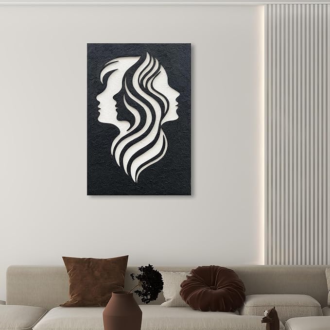 NANKAI Art Hand-Drawn 45x30 inches Black and White Silhouette Textures of Figures in Abstract Art Oil Painting. Modern-Style Abstract Wall Decoration. Three-Dimensional Minimalist Relief Paintings