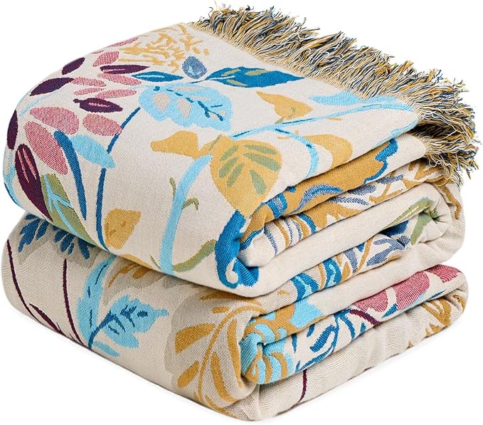 MSGKV Boho Throw Blanket for Couch Cotton Floral Blanket 50"x60" Throws for Sofa Chair Muslin Summer Breathable Lightweight Farmhouse Blankets Home Decor All Seasons