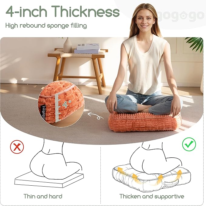 HIGOGOGO Floor Pillow Cushion for Adults, Meditation Cushion Pillow, Blended Corduroy Cover, Large Square Floor Sitting for Tatami Living Room or Yoga, 22x22 Inch, Coral