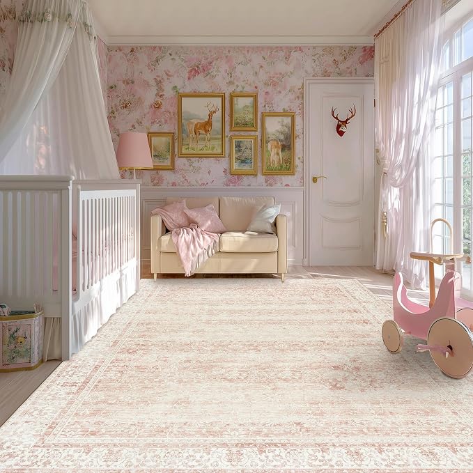 Pink Area Rug for Living Room Low Pile Soft 8 x 10 Carpet with Non Slip Washable Neutral Boho Floral Rugs for Hardwood Floor Protector Extra Large Area Rugs 8x10 for Big Nursery Bedroom Livingroom