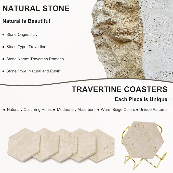 Travertine Coasters Set of 6 with Holder, Hexagonal Rustic Farmhouse Beige Marble Drink Coasters for Coffee Table Decor, Porous Stone Absorbent Coaster for Drinks, Velvet Backed