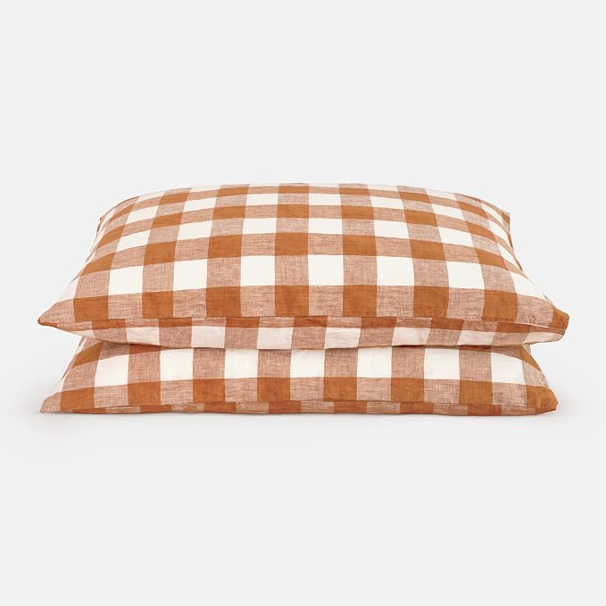 Linen World Linen Plaid Pillow Cases King Size - 20"x40" Set of 2 with Envelope,100% French Flax Gingham Pillowcase,Soft Breathable Natural Pillow Covers,Rust Plaid