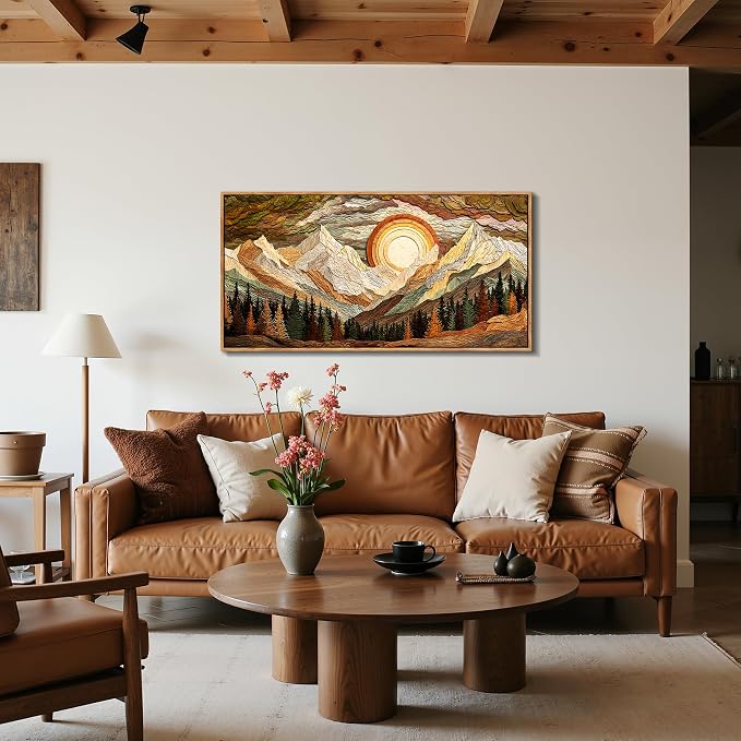 imjiayu Large Framed Mountain Wall Art, Boho Art Wall Decor, Layered Wood Effect Sunset Forest Landscape Canvas Print, Rustic Nature Wilderness Wall Decor for Living Room Bedroom Office, 24"x48"