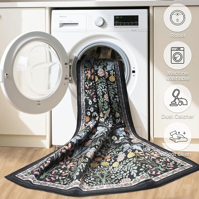 Round Area Rug for Living Room: 8 ft Floral Washable Circle Rug Soft Boho Non-Slip Carpet Indoor Floor Stain Resistant Low Pile Small Circular Rug for Bedroom Entryway Kitchen Nursery Dark Black