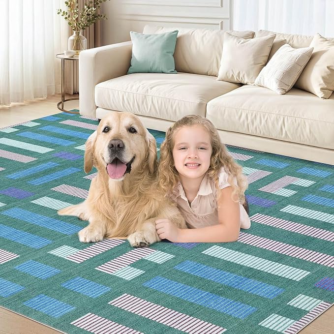 cotiled 8x10 Area Rug Living Room: Washable Boho Rugs with Non Slip Backing Large Soft Indoor Stain Resistant Carpet for Bedroom Farmhouse Dining Room Lightweight Home Decor Green