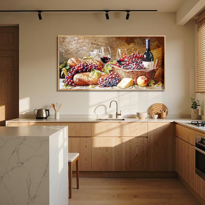 imjiayu Oversized Wall Art, Framed Wall Art, Dining Room Wall Decor, Vintage Wine Food Canvas Prints, Fruit Grape Autumn Art, Rustic Pictures for Living Room Home Bar Restaurant Decorations 29"x57"