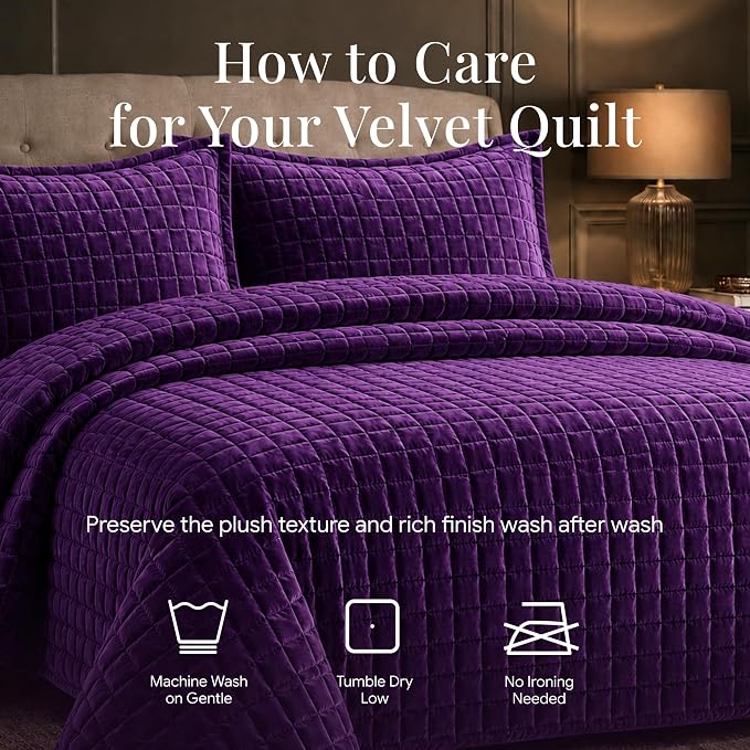Tribeca Living Luxury Velvet Quilt Queen Size Set - 260GSM Ultra-Soft Oversized Velvet Bedspread Comforter Set with 2 Shams, in Florence Purple