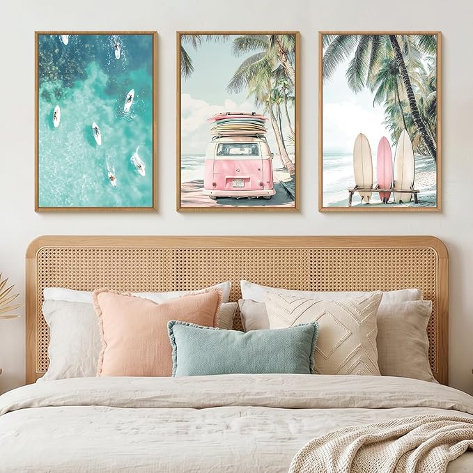 HOURIA Summer Surfboard Beach Framed Canvas Wall Art Set,Modern Ocean Surfing Seascape Wall Decor,Coastal Bus Coconut Tree Wall Painting,Nature Botanical Art Prints for Living Room, Bedroom-24 x36 x3