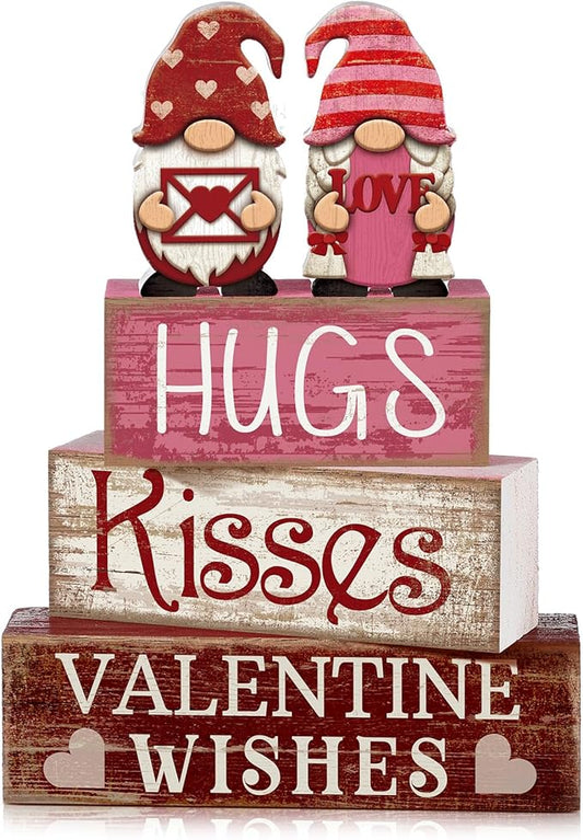 Lineshading 4 Pcs Valentine Day Table Decoration Pink Gnomes Valentine Centerpiece Valentine's Day Tiered Tray Decor Rustic Wooden Gnomes Heart Block Signs Red Pink White Valentines Decor for Home