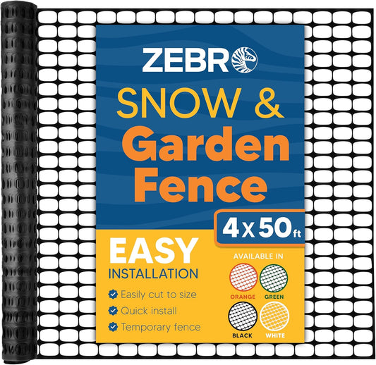 ZEBRO 4' x 50' Black Plastic Garden Fence Roll – Standard Duty Safety Netting for Snow, Poultry, Deer, Dogs – Reusable Outdoor Barrier for Yard, Landscaping, Animal Protection