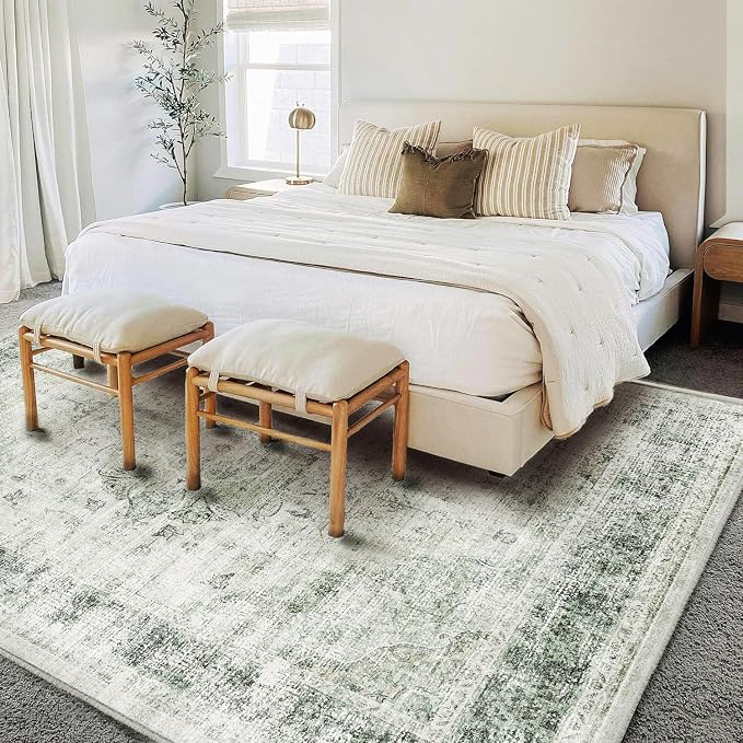 CHAMPLANT Washable Area Rug 9'x12' Retro Floral Green Boho Design Non-Shedding Easy Care Ideal for High Traffic Areas in Living Room Bedroom Office Coffee Table Kitchen Large Carpet