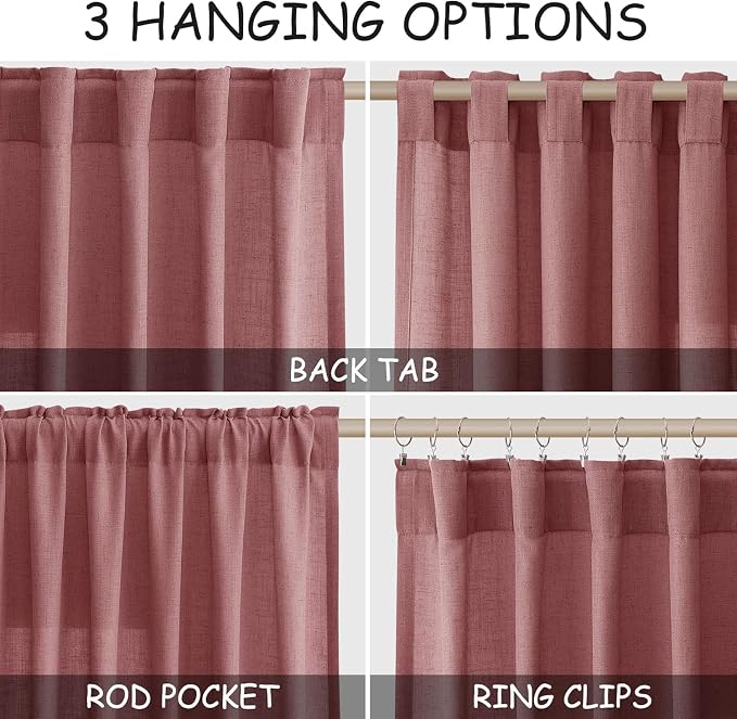 Canyon Rose Linen Curtains for Living Room 105 Inches Long Light Filtering Semi Sheer Curtain Back Tab Modern Farmhouse Decor Elegant Luxury Boho Girl Drapes for Bedroom Dinner Room 52x105, 2 Panels