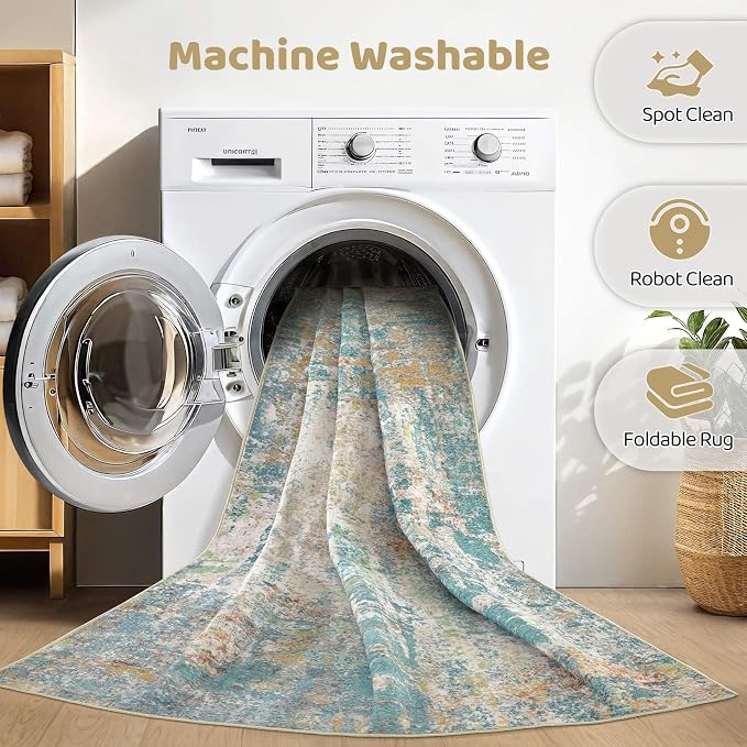 8x10 Area Rugs Living Room: Washable Large Abstract Neutral Modern Soft Rug Stain Resistant Indoor Floor Non-Slip Accent Carpet for Bedroom Nursery Playroom Office Dining Room Home Decor- Teal