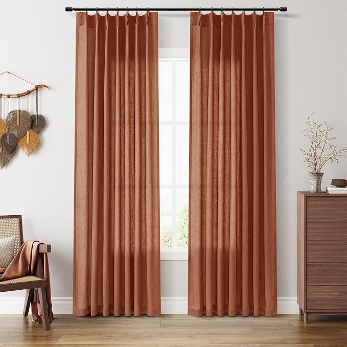 Guken Terracotta Boho Pinch Pleated Linen Curtains 84 Inch Length 2 Panels for Living Room Bedroom Window Privacy Light Filtering Semi Sheer Modern Farmhouse Back Tab Draps with Hooks Rings 40x84
