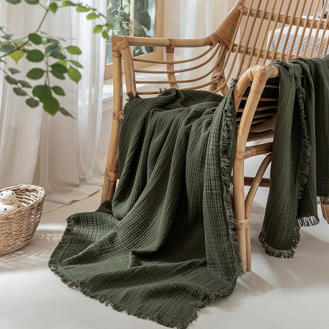 Muslin Fringe Blankets for Adults: 100% Cotton Cloud Soft | 4-Layer Gauze Breathable Lightweight All Season Throw Blanket for Bed Couch Sofa Office