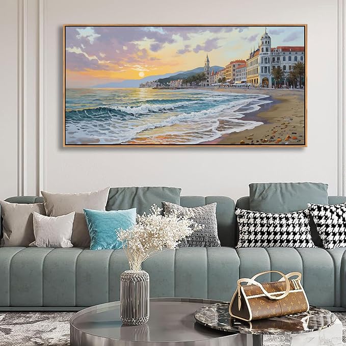YDYSUNE Framed Retro Sunset Beach Coastal Canvas Wall Art, Ocean Seaside Wall Decor for Living Room Bedroom Office Dining Room Home Decoration, 24"×48"