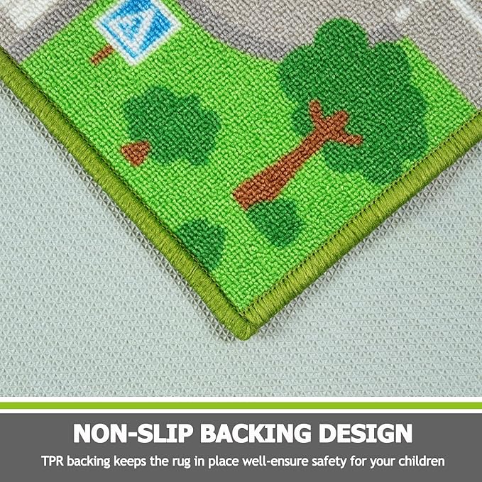 Capslpad Green Car Road Kid Rug Carpet Playmat for Playoom Traffic Road Kids Play Mat for Toddler Non Slip Washable City Map Race Track Carpet Rug for Kids Room Bedroom Nursery Room Decor,5.2'x3.3'