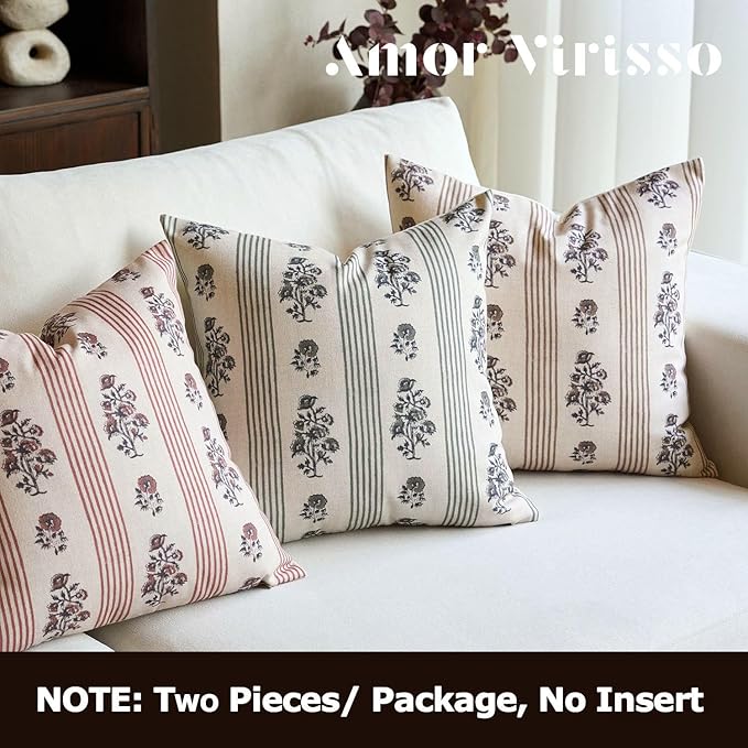 Amor Virisso Floral Throw Pillow Covers 22x22 Set of 2 Block Print Pillow Covers Neutral Floral Striped Farmhouse Decorative Pillow Covers for Sofa Couch Bed, Dusty Green