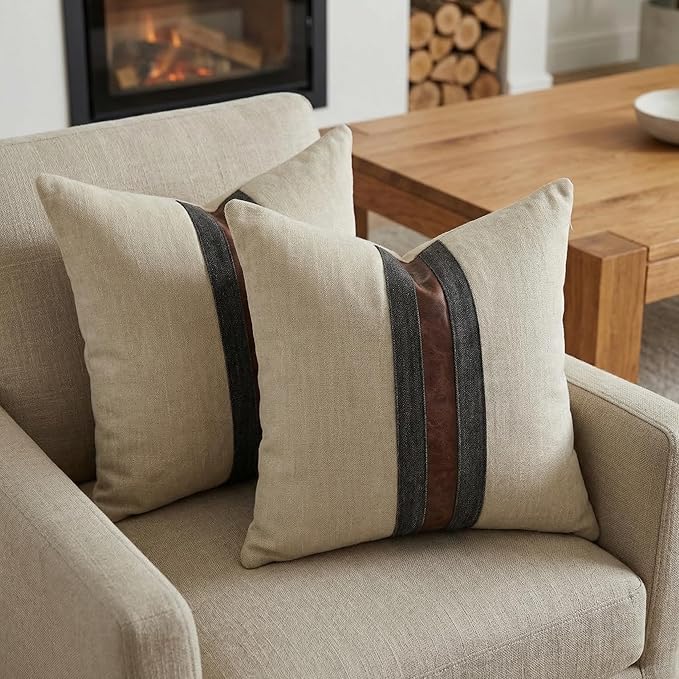 BOYSUM Set of 2 Leather Throw Pillow Covers Cotton Linen Decor Patchwork Pillow Cover Faux Leather Pillows Cover for Couch Sofa Living Room Bedroom,Beige Yellow 22"x22"