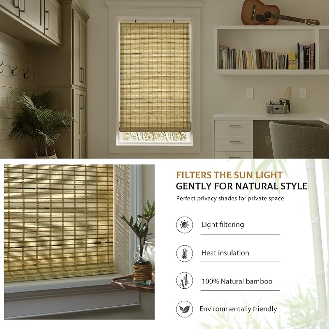 LazBlinds Cordless Bamboo Blinds, 48"x72", Petite Rustique | Bamboo Roll Up Shades for Windows, Light Filtering Hanging Window Blinds, Bamboo Shades for Patio Indoor/Outdoor Porch