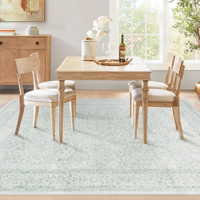 5x7 Area Rugs for Living Room: Washable Vintage Floral Rug Low Pile Non-Slip Boho Carpet for Nursery Bedroom Dining Room (Green, 5'x7')