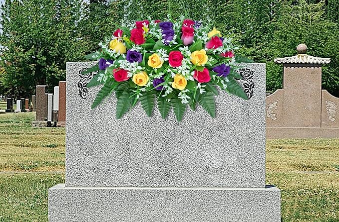 LVXINLI Artificial Cemetery Flowers Saddle-Shaped Tombstone Decorations Non-Fading UV-Resistant（Yellow+Purple+Brilliant Red Saddle）